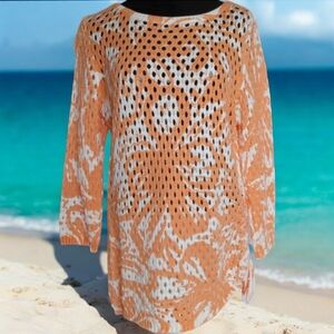 RUBY RD. FAVORITES LONG SLEEVE PULLOVER ORANGE & WHITE SWEATER SIZE LG. VGC